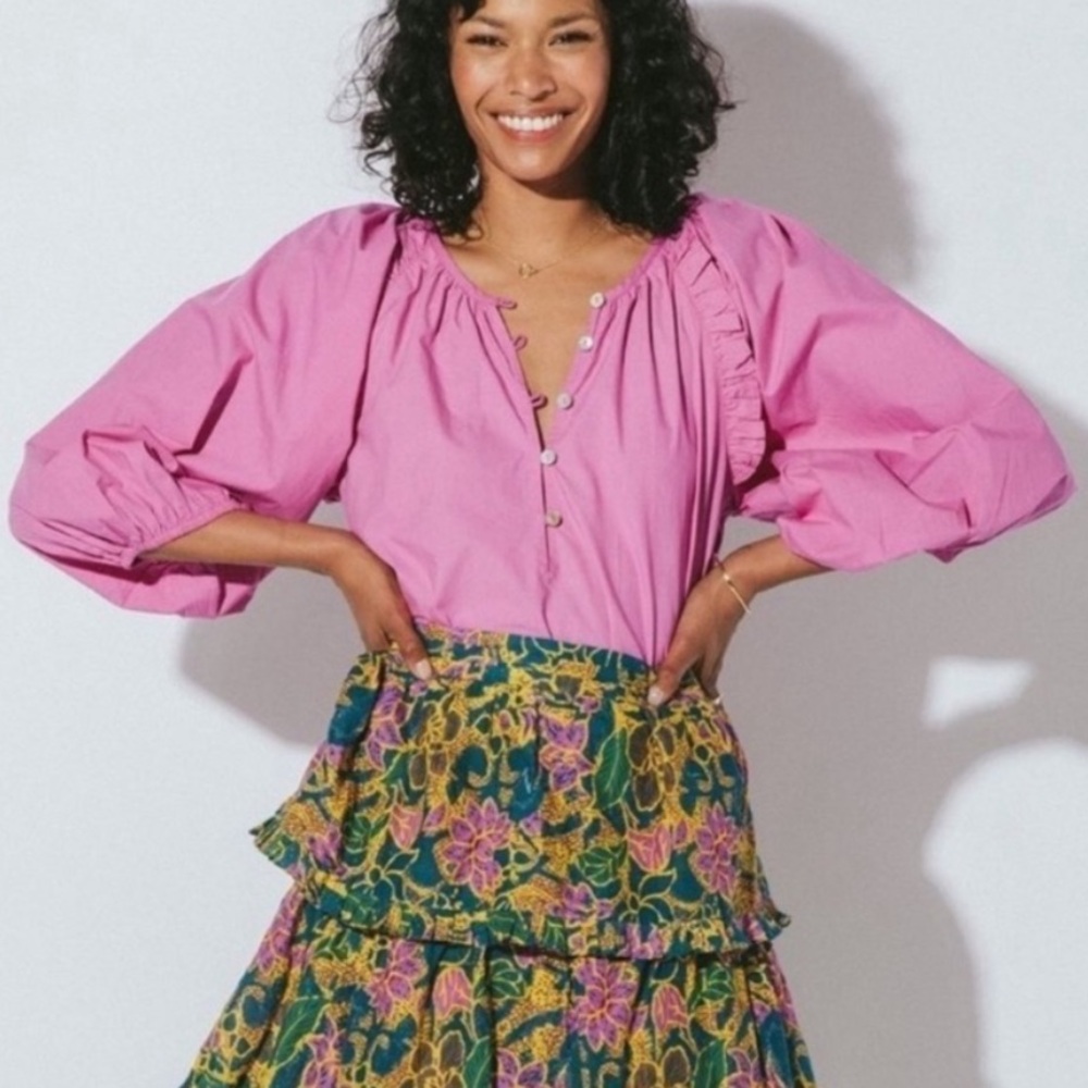 Cleobella Jess Azalea Pink Purple Ruffle Puff Sleeve Button Blouse Size XS